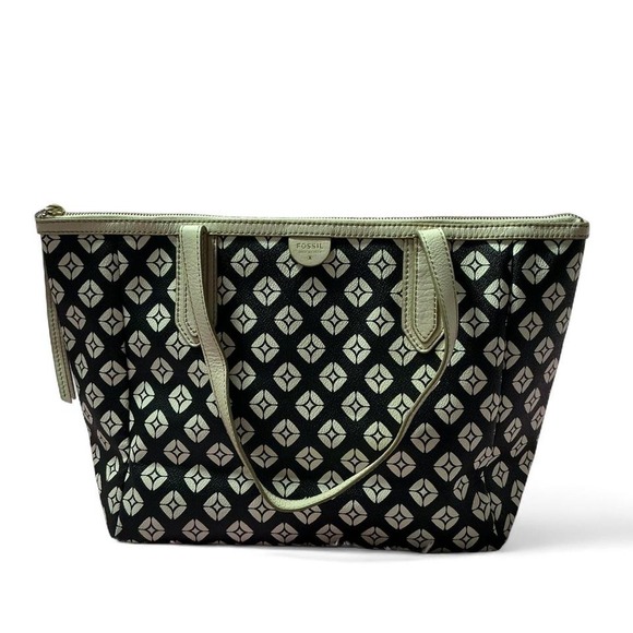 Fossil Handbags - Fossil Tote‎ Bag Black White Geometric Print Coated Canvas Purse Handbag
